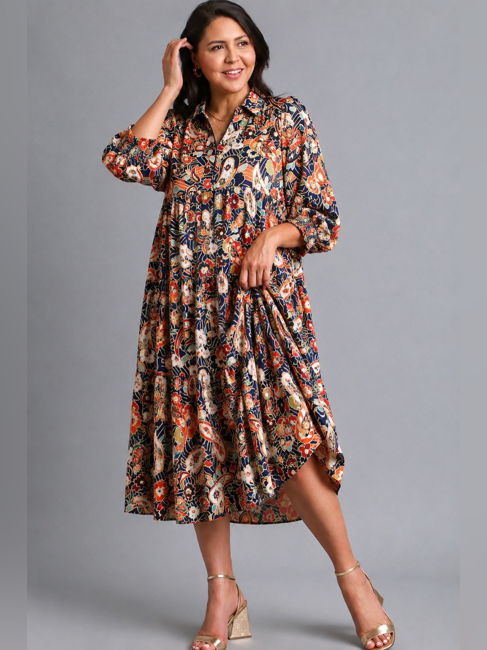 Umgee Paisley Floral Tiered Midi Dress Navy Orange Boho Size Medium - Picture 2 of 9